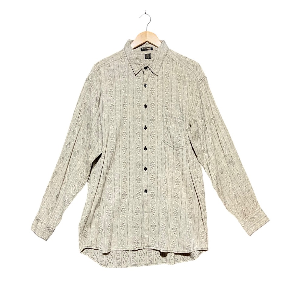 Stefano Man Vintage Diamond Jacquard Button Down Shirt XL Beige Cotton Blend